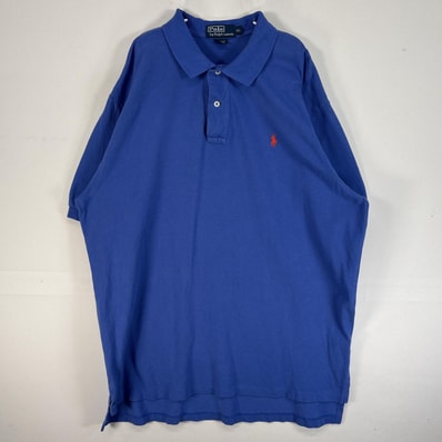 古着 90's/90年代 ポロバイラルフローレン Polo by Ralph Lauren 鹿の子 半袖 ポロシャツ ロゴ 刺繍 大きいサイズ 肉厚 2ボタン XL ブルー系 無地 メンズ