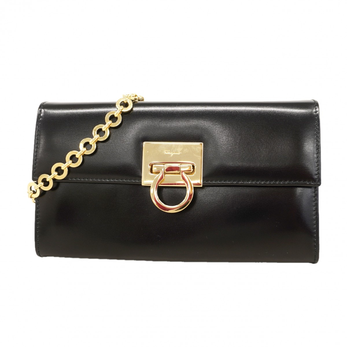【6dc3774】サルヴァトーレフェラガモ ショルダーバッグ ガンチーニ レザー ブラック ゴールド金具【中古】レディース