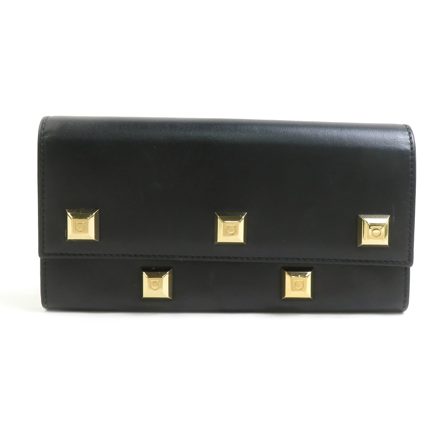 サルヴァトーレフェラガモ Salvatore Ferragamo 長財布 ガンチーニ レザー ブラック ゴールド レディース【中古】 e62166a