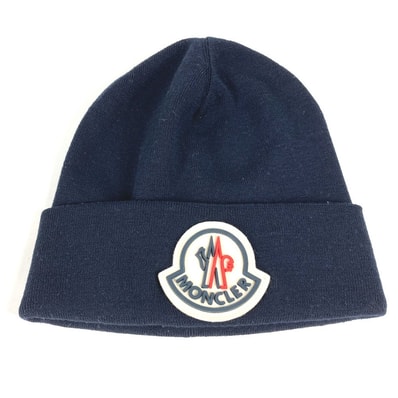 モンクレール MONCLER BERRETTO TRICOT HAT ラバーワッペン ロゴ ビッグ ビーニー 帽子 ニット帽 ニットキャップ ニット帽 ウール ネイビー