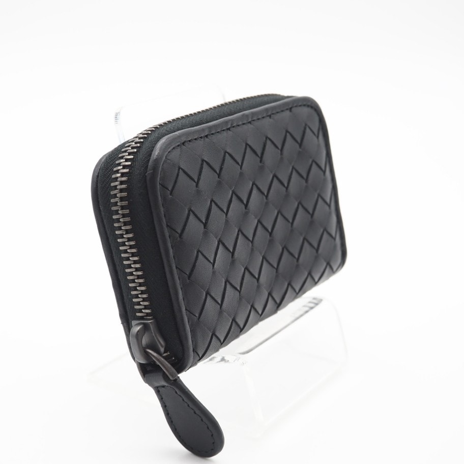 極美品 BOTTEGAVENETA ボッテガヴェネタ イントレチャート少 ラウンドファスナーコインケース 114075 コインケース ブラック レザー メンズ