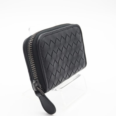 極美品 BOTTEGAVENETA ボッテガヴェネタ イントレチャート少 ラウンドファスナーコインケース 114075 コインケース ブラック レザー メンズ