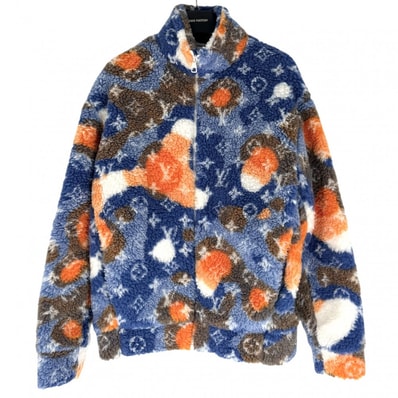 LOUIS VUITTON ルイヴィトン アウター モノグラム ジャガードカモフリースジャケット ボアジャケット ブルソン 服 S ブルー 青 オレンジ ゴールド金具 ポリエステル ウール メンズ 秋 冬【中古品】