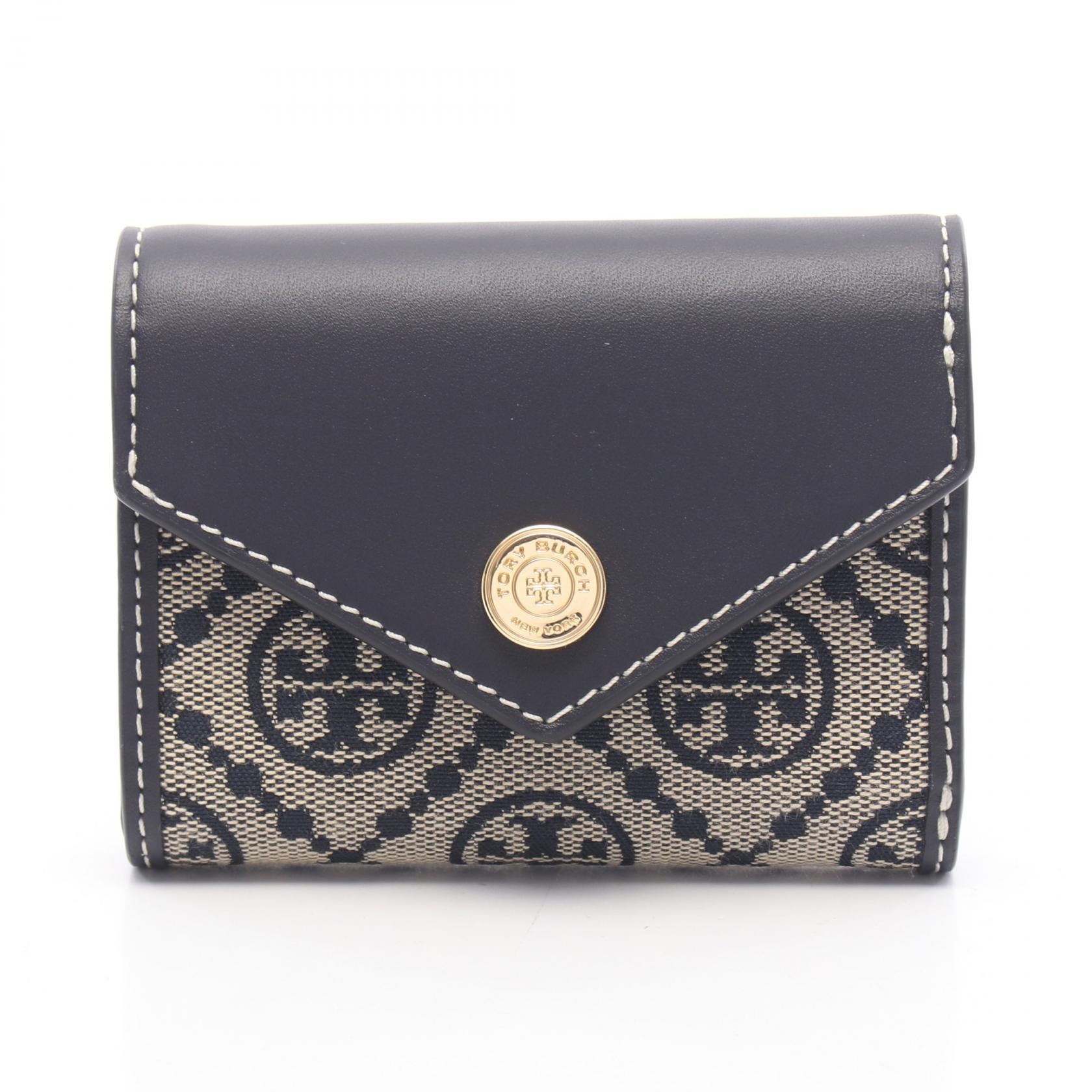トリーバーチ Tory Burch Tモノグラム エンベロープ コンパクトウォレット 三つ折り財布 財布 キャンバス レザー レディース ネイビー系 / ベージュ系 165029405 【新品】