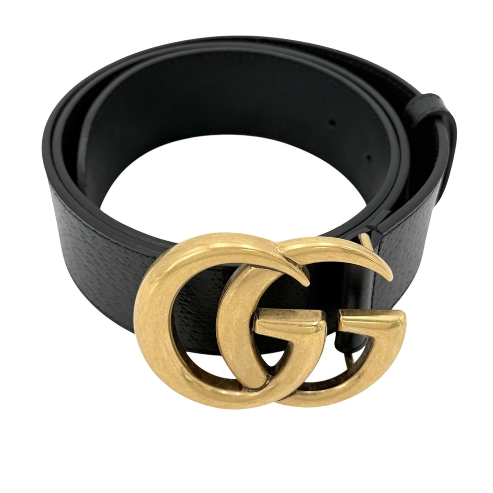 GUCCI グッチ ベルト GGマーモント ダブルGワイドベルト ファッションアイテム 406831 レザー ブラック 黒 ゴールド金具 メンズ 美品【中古品】