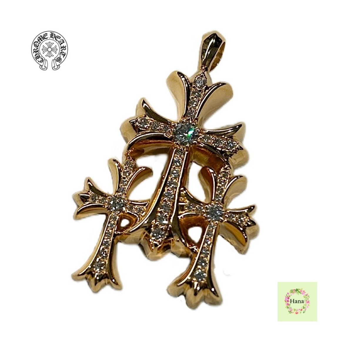 【保証書無修正/美品】CHROME HEARTS クロムハーツ 22k PENDANT 3 CH CRS SML GLD DMND PAVE トリプル CHクロス トリプルクロス スモール パヴェダイヤモンド ゴールド 82.0g プレゼント