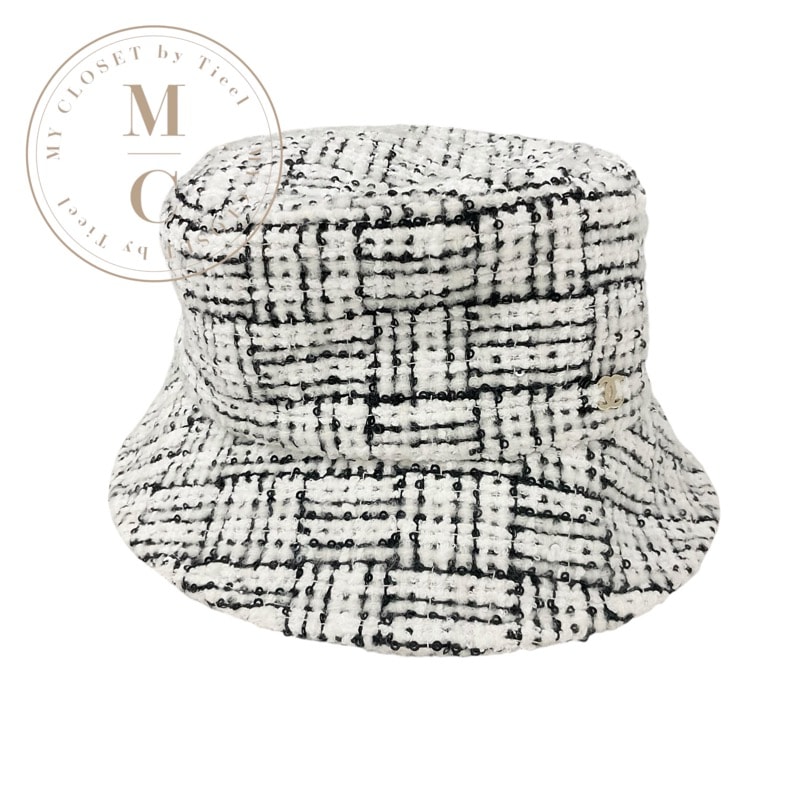 シャネル CHANEL 帽子 ホワイト ブラック ココマーク ツイード スパンコール バケットハット