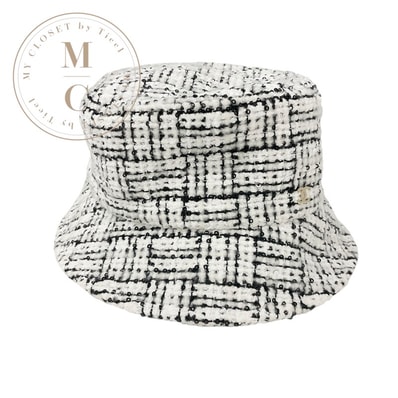 シャネル CHANEL 帽子 ホワイト ブラック ココマーク ツイード スパンコール バケットハット