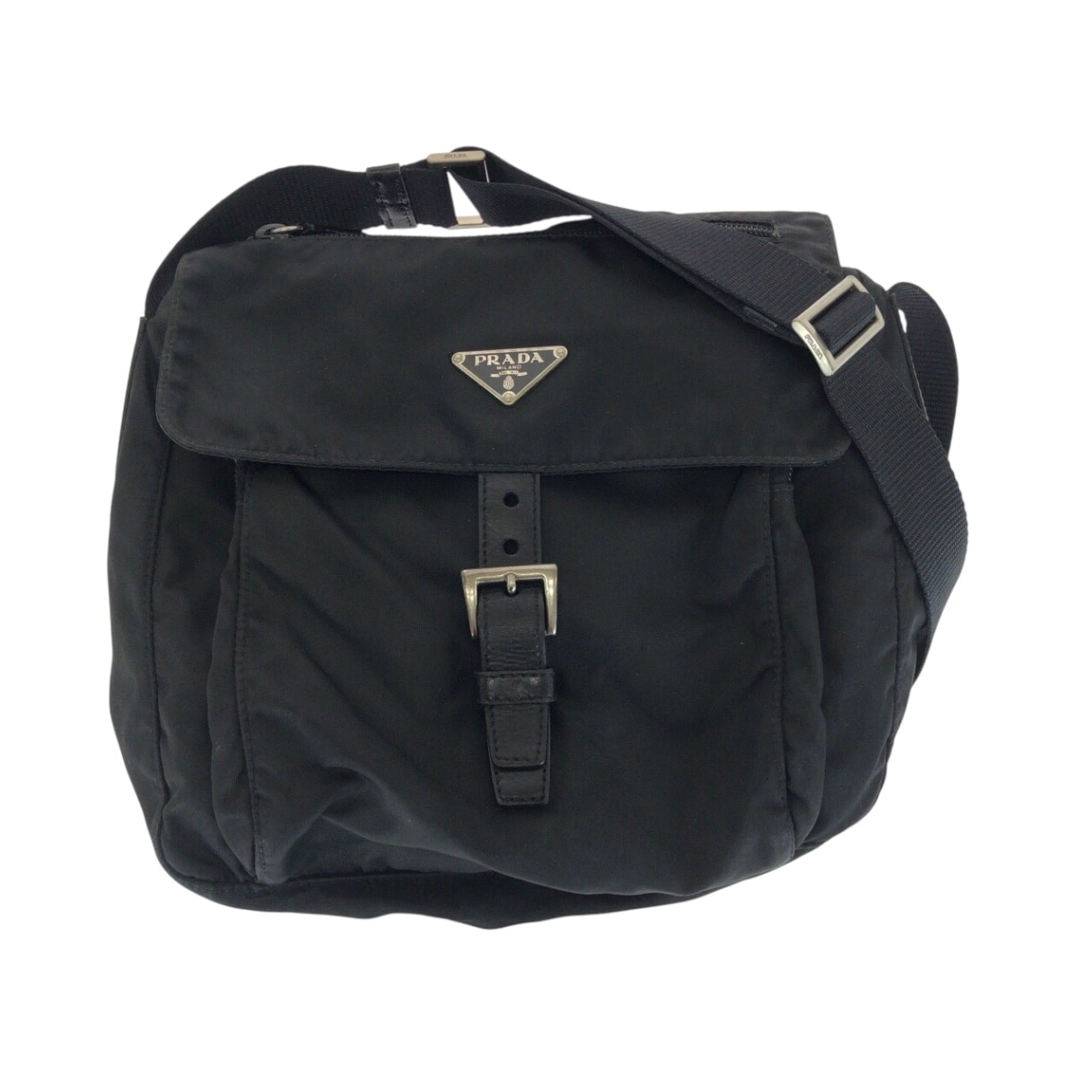 美品 PRADA プラダ テスート 三角ロゴプレート ブラック 黒 シルバー金具 ナイロン レザー/ ショルダーバッグ ポシェット 505198 【中古】