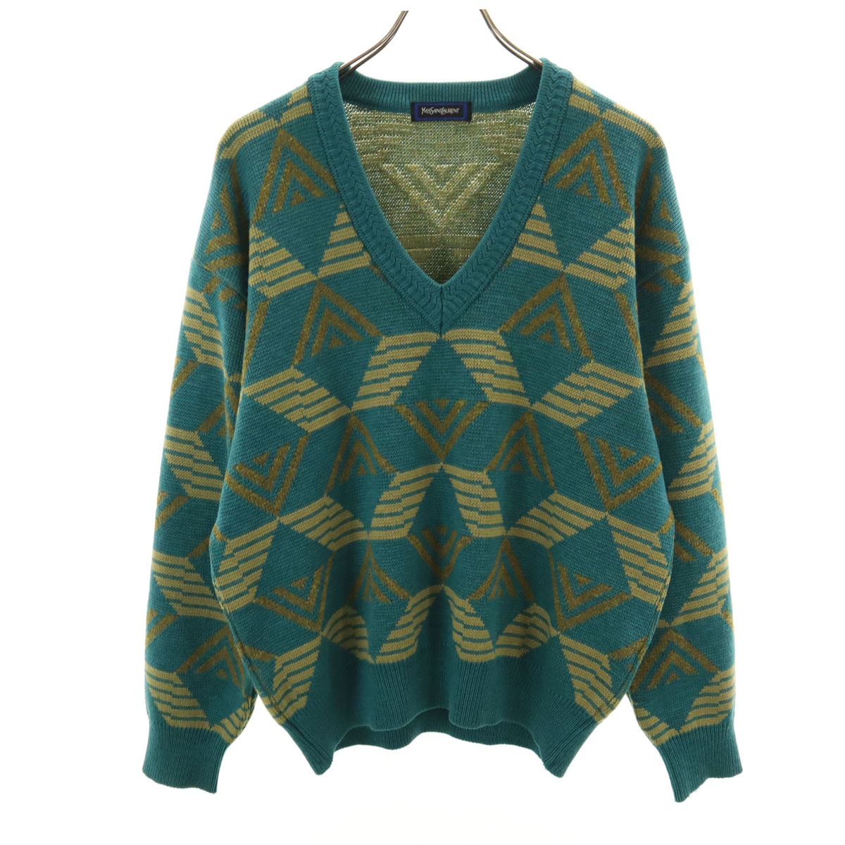 YVES SAINT LAURENT イヴサンローラン 90s オールド 幾何学柄 長袖 Vネック セーター M 青緑 ニット