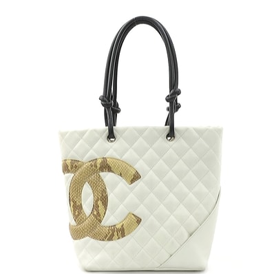 シャネル CHANEL ハンドバッグ カンボンライン レザー/パイソン ホワイト×ブラック×ベージュ レディース【中古】 90191a