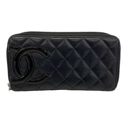 【6db1390-k】シャネル 長財布 カンボン ラムスキン ブラック シルバー金具【中古】レディース