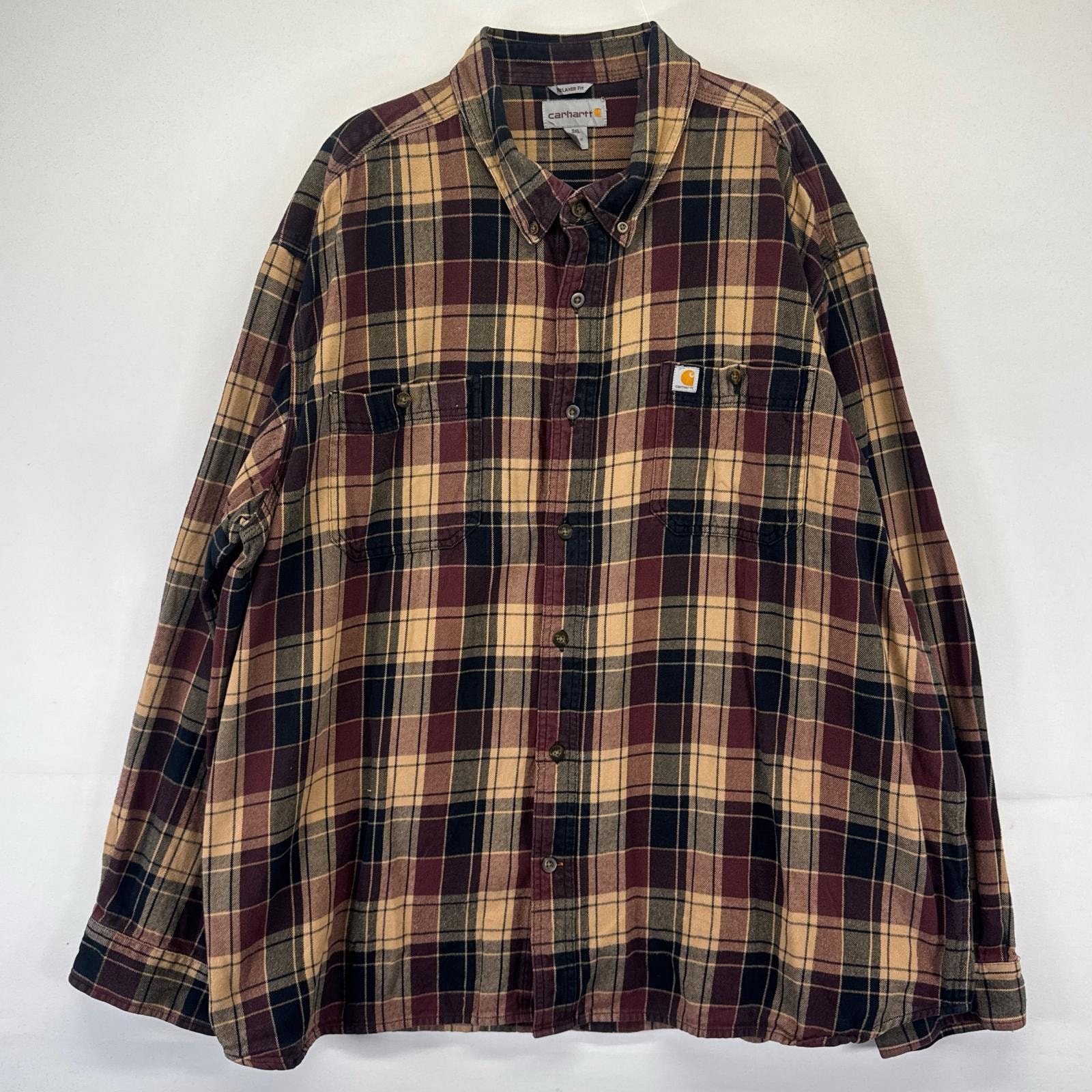古着 カーハート Carhartt 長袖シャツ フランネル ボタンダウン ワンポイントロゴ 大きいサイズ 3XL  ブラウン系 チェック メンズ