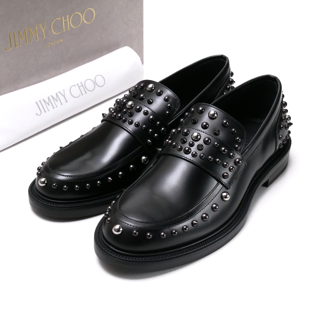 ■未使用品■JIMMY CHOO ジミーチュウ ローファー サイズ41 1/2 スタッズ シャイニー レザー ガンメタル 靴 イタリア製 20250508/RA4580