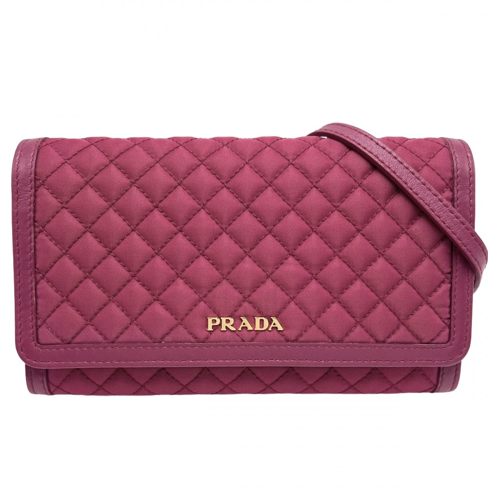 PRADA プラダ チェーンウォレット キルティング ショルダーバッグ ショルダーウォレット 財布 肩掛け 斜め掛け 1M1437 ナイロン  レザー   ピンク ゴールド金具 レディース 美品【中古品】