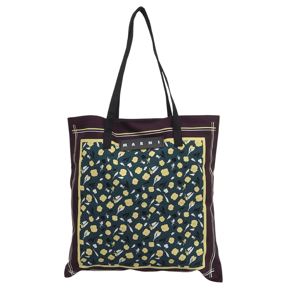 マルニ 美品 FLOWER CAFE キャンバス 花柄 バンダナトートバッグ レディース バーガンディ×グリーン