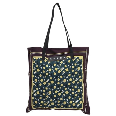 マルニ 美品 FLOWER CAFE キャンバス 花柄 バンダナトートバッグ レディース バーガンディ×グリーン