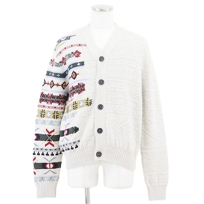 【新品同様】HERMES エルメス ニットカーディガン フェアアイル柄 ミドルゲージ ウール / カシミヤ アシンメトリーデザイン ロングスリーブ 長袖 トップス 箱付属 メンズ サイズ L グレー系 灰色系 イタリア製