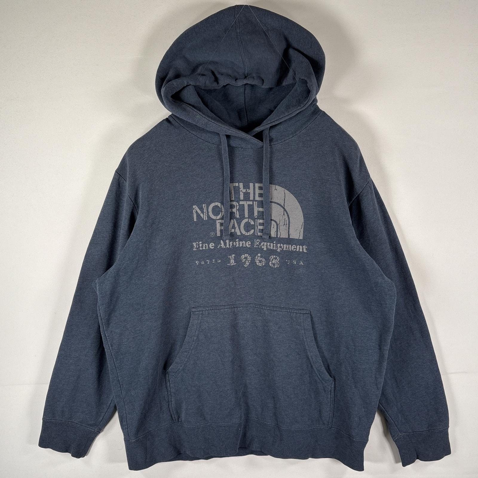 古着 ザ・ノースフェイス THE NORTH FACE パーカー スウェット フーディ プルオーバー  ビッグロゴプリント XL  ネイビー系 メンズ