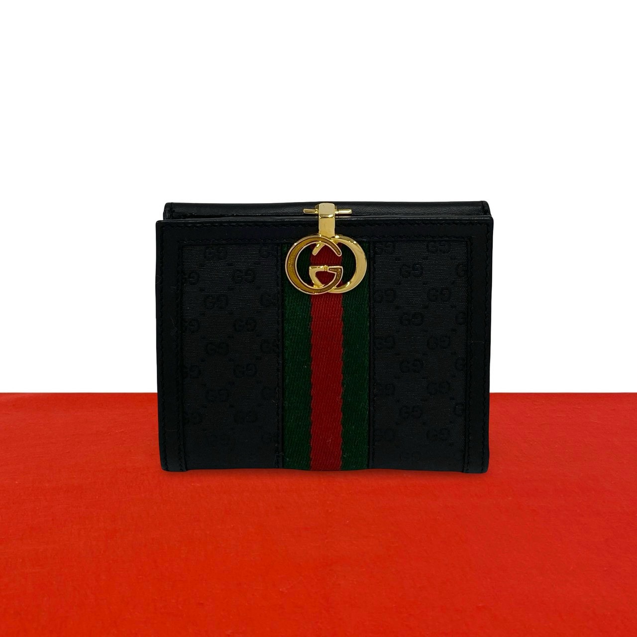 GUCCI グッチ シェリーライン マイクロGG 柄 レザー PVC 二つ折り財布 ブラック
31633