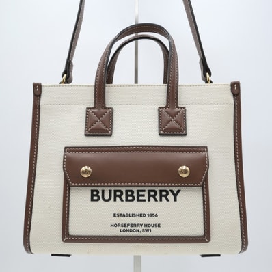 BURBERRY(バーバリー)ミニ フレヤトート 2WAY ハンドバッグ ショルダーバッグ キャンバス レザー ナチュラル ブラウン レディース 【中古】