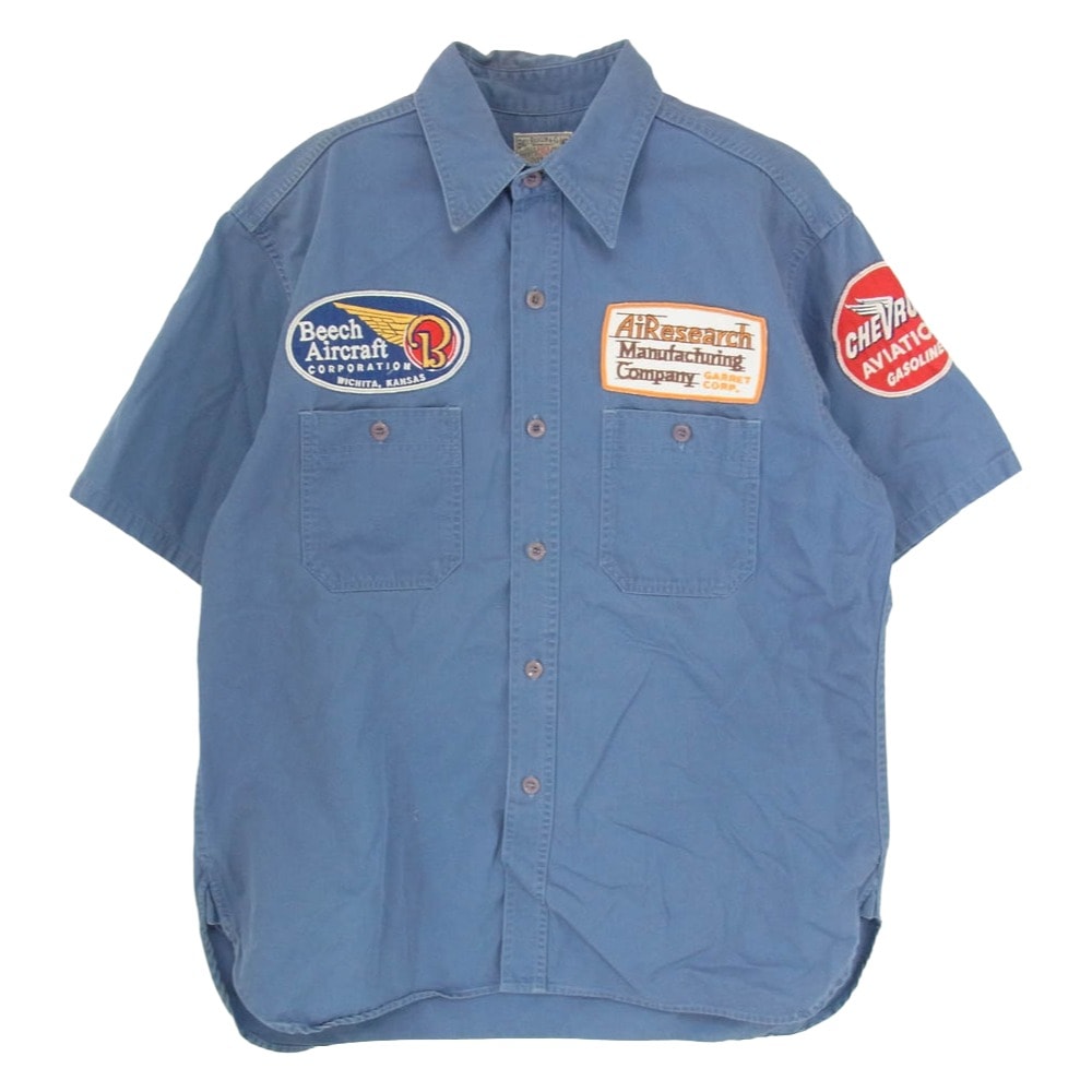 Buzz Rickson's バズリクソンズ 半袖シャツ ワッペン付き ヘリンボーン 半袖 ワーク シャツ ブルー系 15 15 1/2【中古】