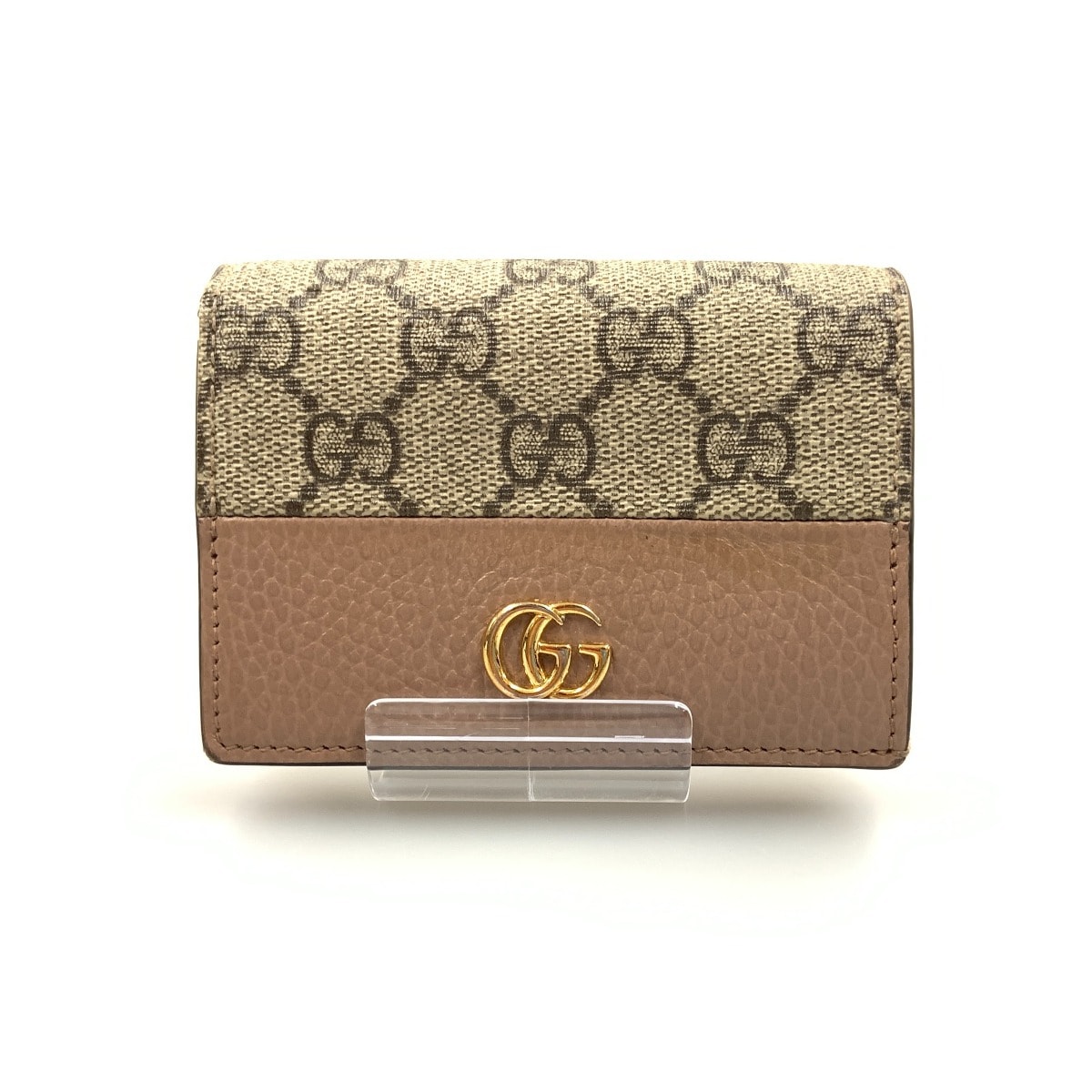 〇〇GUCCI グッチ GGスプリーム ダブルGカードケースウォレット ミニウォレット 二つ折り財布 658610 ピンク x ベージュ