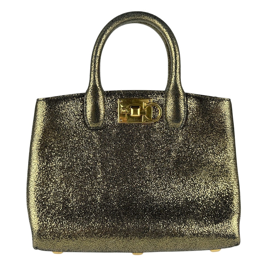 サルヴァトーレフェラガモ Salvatore Ferragamo ハンドバッグ ショルダーバッグ ガンチーニ ヌバック メタリックカーキ ゴールド レディース【中古】 z9046