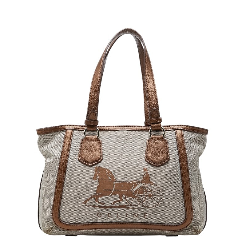 セリーヌ ロゴ 馬車 ハンドバッグ トートバッグ ブラウン キャンバス レザー レディース CELINE 【中古】
