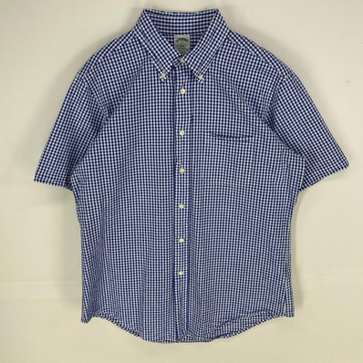 古着 ブルックスブラザーズ Brooks Brothers 半袖シャツ ボタンダウン ワッフル ショートスリーブ L ブルー系 チェック メンズ