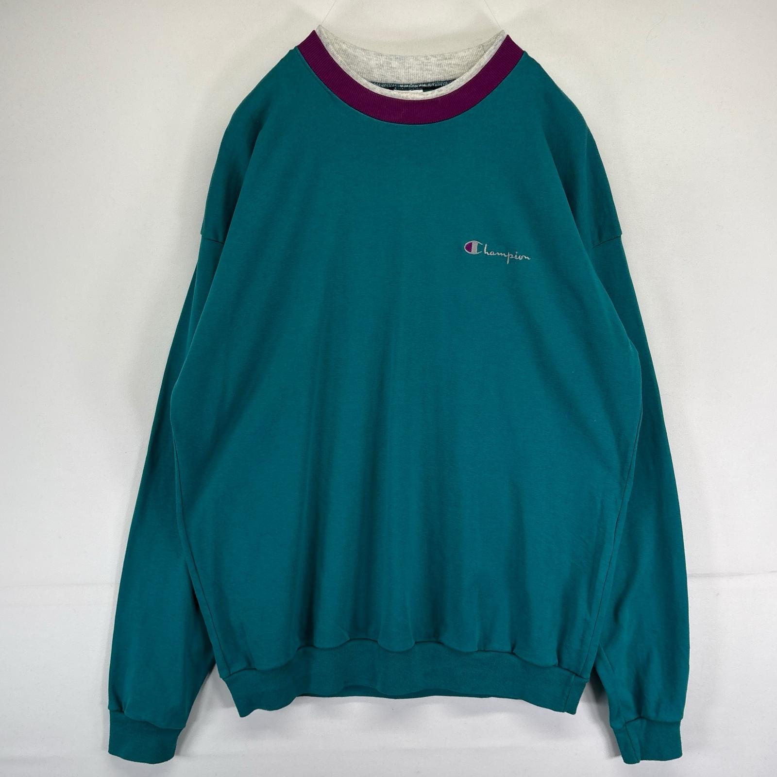 古着 90's/90年代 チャンピオン Champion USA製 スウェット トレーナー ロンT ロゴ刺繍 2段襟 クルーネック 大きいサイズ 2XL グリーン系 メンズ