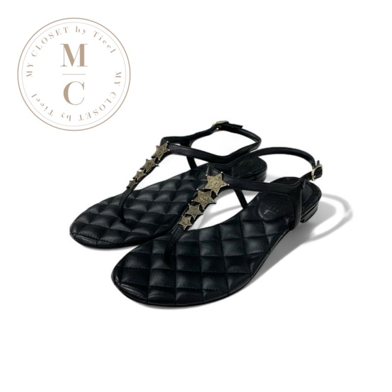 シャネル CHANEL サンダル 靴 シューズ レザー ブラック ゴールド ココマーク スター マトラッセ トング フラット