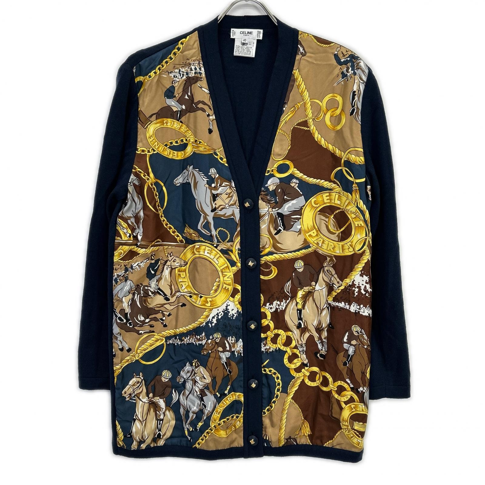 セリーヌ 1614493 ネイビー ヴィンテージスカーフ柄 シルク カーディガン 40
