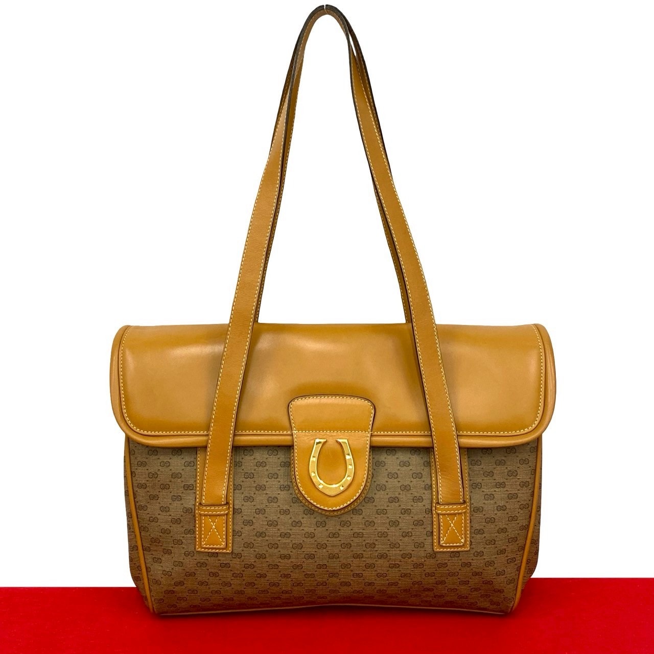 GUCCI グッチ マイクロGG ホースシュー 金具 レザー PVC ショルダーバッグ ブラウン
 802-7