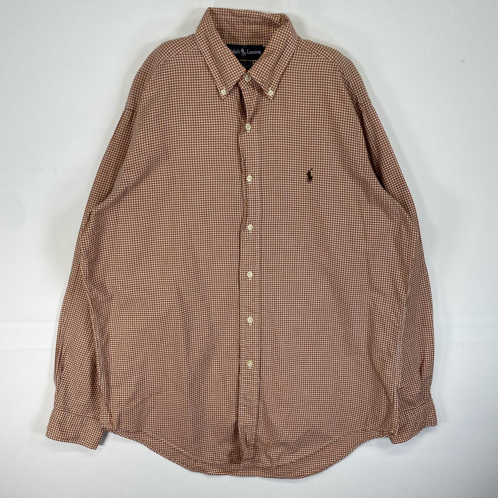 古着 ラルフローレン RALPH LAUREN 長袖シャツ ロゴ 刺繍 ボタンダウン M  オレンジ系 チェック メンズ
