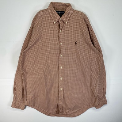 古着 ラルフローレン RALPH LAUREN 長袖シャツ ロゴ 刺繍 ボタンダウン M オレンジ系 チェック メンズ