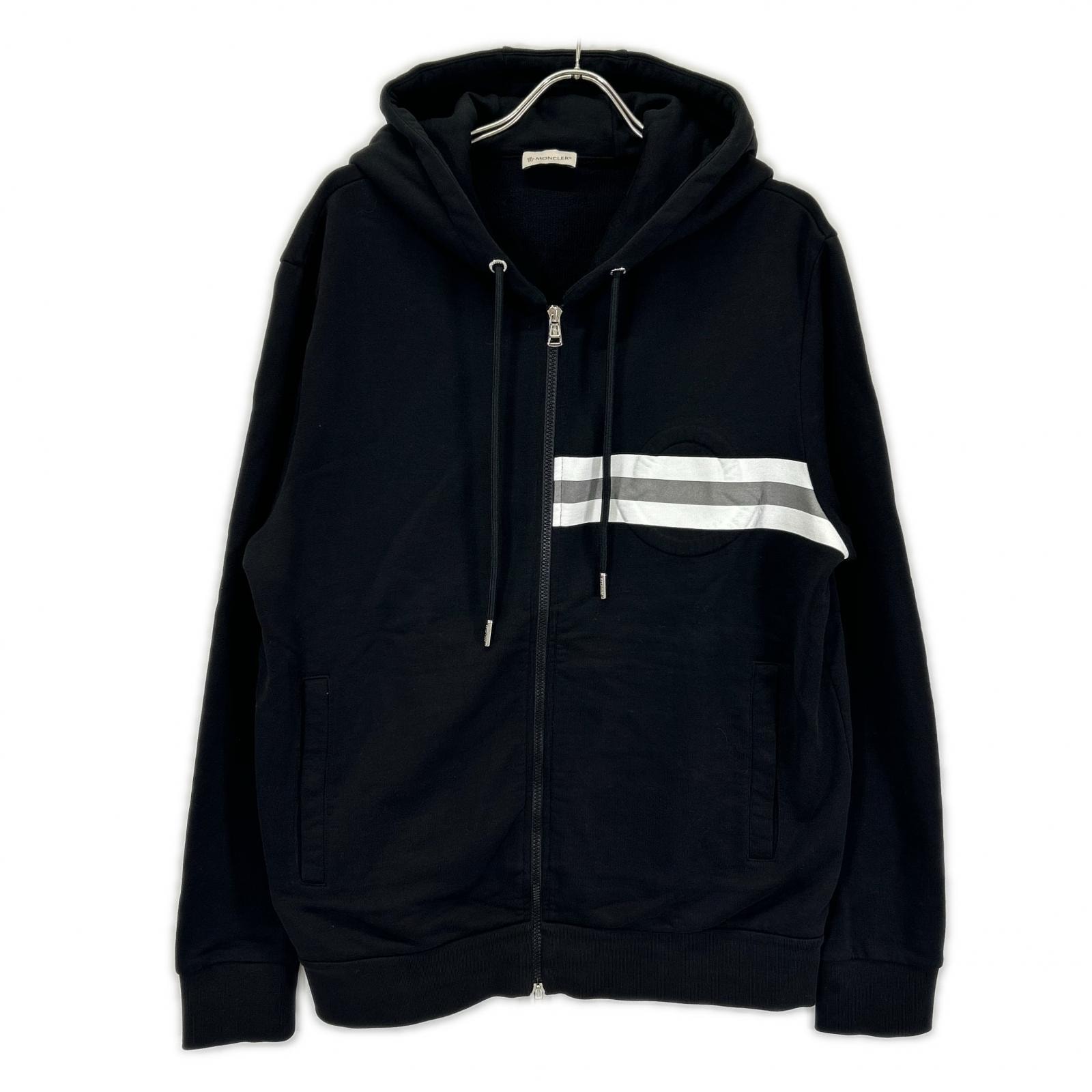 モンクレール 20年製 ブラック MAGLIA CARDIGAN C/CAPPUCCIO エンボスロゴ フーデットジップアップパーカ XL