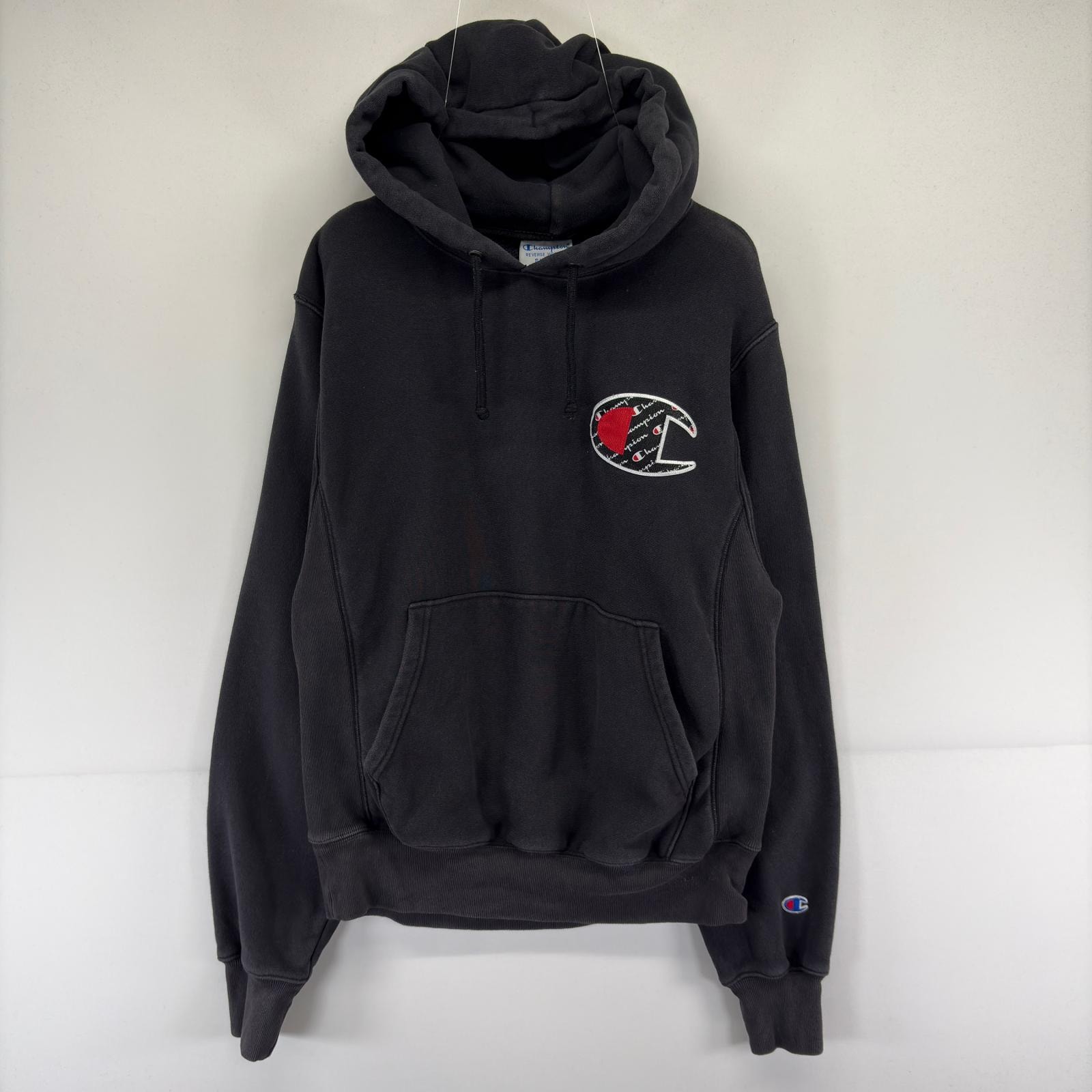 古着 チャンピオン Champion スウェット ワンポイント ロゴ ワッペン リバースウィーブ パーカー プルオーバー S ブラック 無地 メンズ