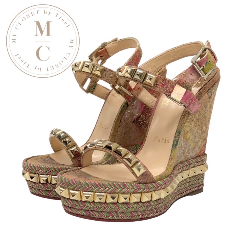 クリスチャンルブタン Christian Louboutin カタクロウ サンダル 靴 シューズ コルク ベージュ マルチカラー ゴールド スタッズ ウェッジソール