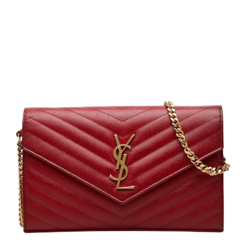 サンローラン カサンドラ エンベロープ チェーンウォレット ショルダーバッグ レッド レザー レディース SAINT LAURENT 中古