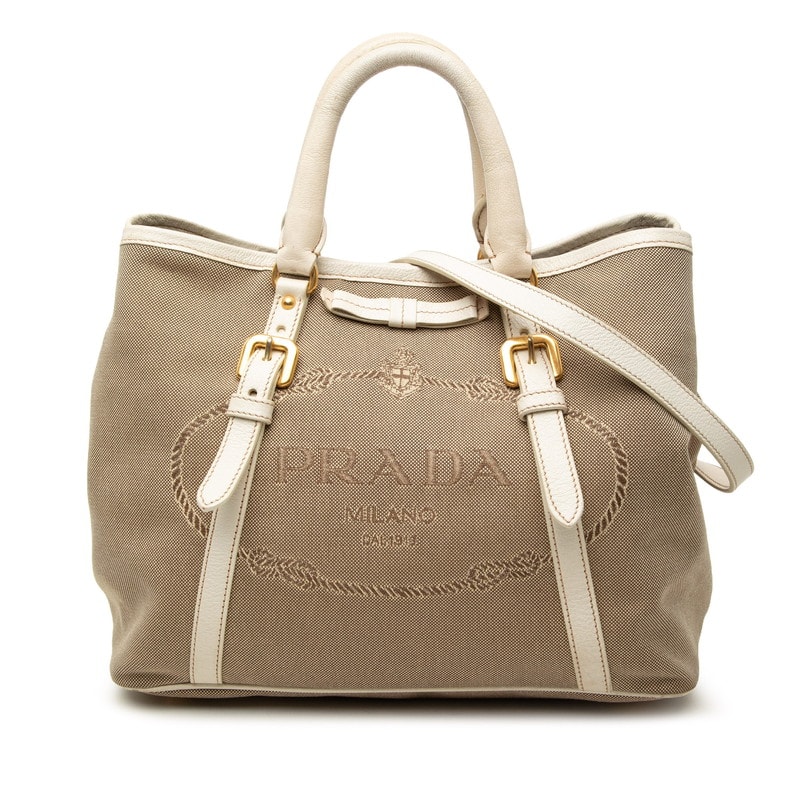 プラダ ロゴジャガード トートバッグ ショルダーバッグ 2WAY ブラウン ホワイト キャンバス レザー レディース PRADA 中古
