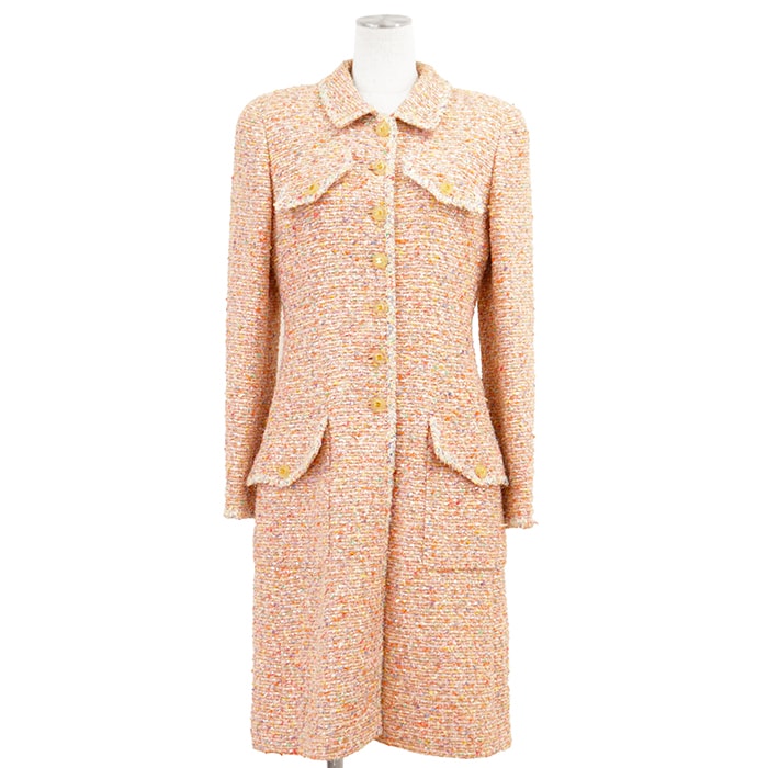 【極美品】CHANEL シャネル ヴィンテージ ファンシーツイードコート サイズ 40 レディース 97P P07981 COCOマーククリアボタン ロングジャケット アウター 付属有 ライトピンク マルチカラー 桃色 フランス製 カール・ラガーフェルド期