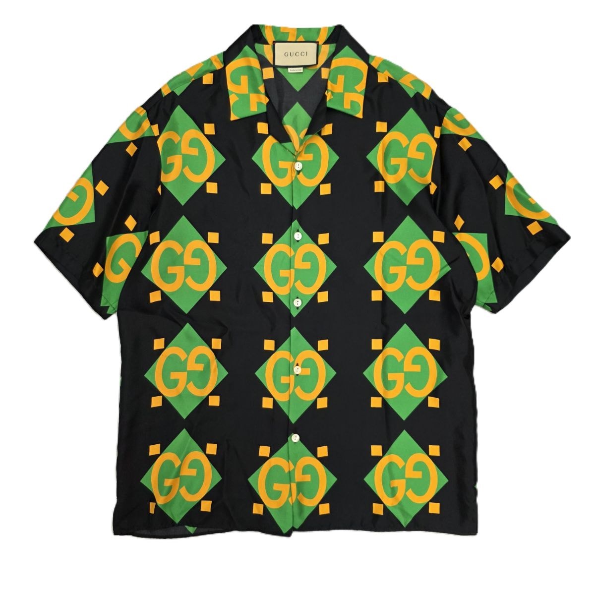GUCCI グッチ GG プリント シルクシャツ ビッグGG スクエア 半袖シャツ 681209 ZAIDD シルク ブラック グリーン  メンズ【中古】