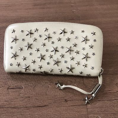 Jimmy Choo Filipa Grainy Calf Leather Zip Around Wallet With Crystal Star Studs "Moonstone"