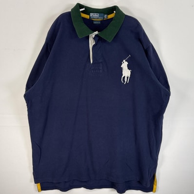 古着 90's/90年代 ポロバイラルフローレン Polo by Ralph Lauren 鹿の子 半袖 ラガーシャツ ビッグポニー 袖口切替 襟切替 14041 ネイビー系 無地 メンズ