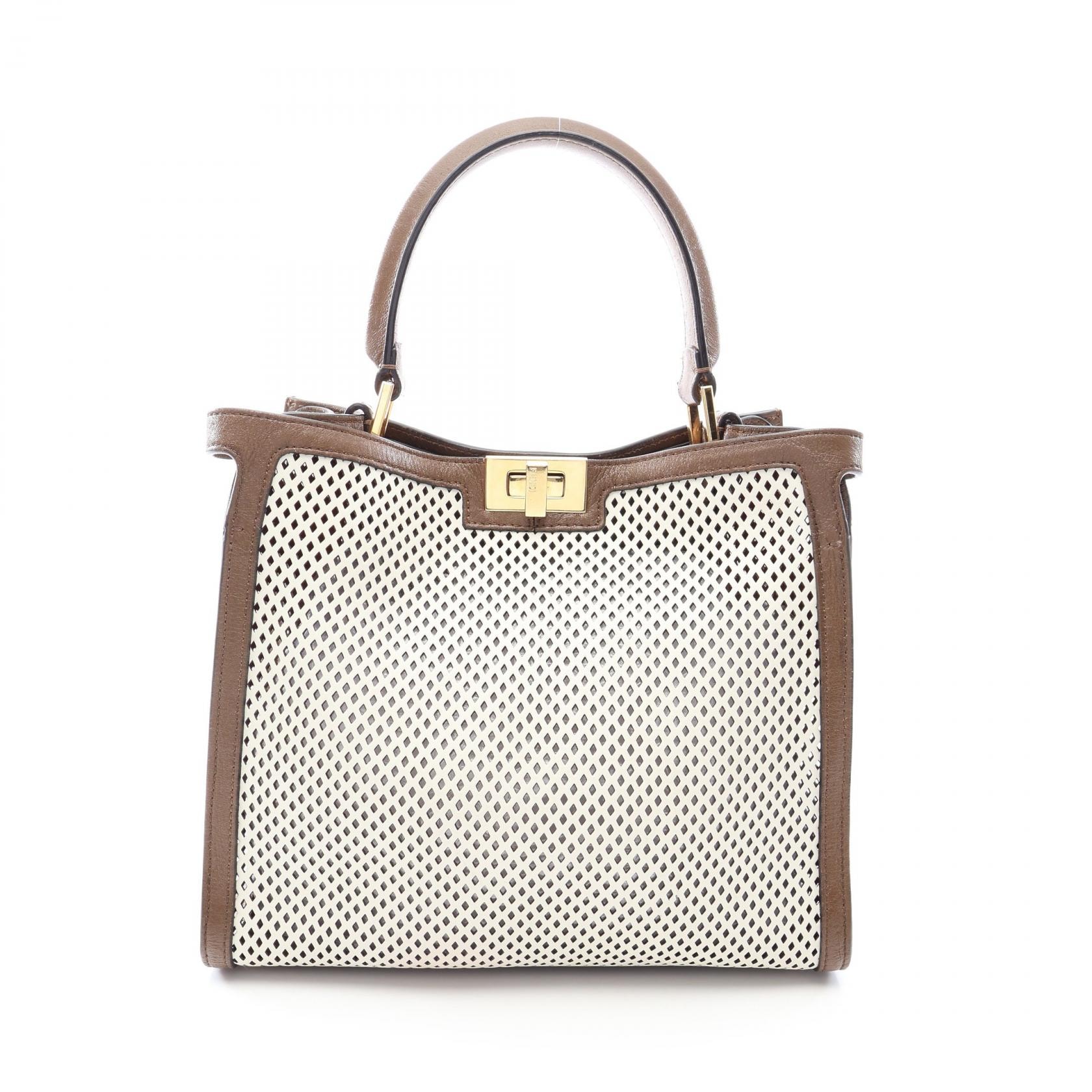 フェンディ FENDI ピーカブー エックスライト ミディアム パンチング ハンドバッグ バッグ レザー レディース ホワイト系 / ブラウン系 8BN310 【中古】