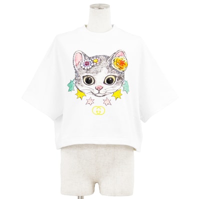 【日本限定/未使用】GUCCI グッチ × ヒグチユウコ クロップドスウェットTシャツ サイズ S レディース キャット 猫 GG ロゴ インターロッキング エンブロイダリー 刺繍 スパンコール ビーズ 半袖 トップス 付属有 ホワイト 白 イタリア製
