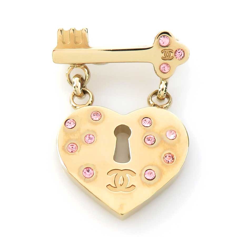シャネル CHANEL ブローチ ハートロック&キー メタル/ラインストーン ゴールド/ピンク レディース【中古】 e62074i