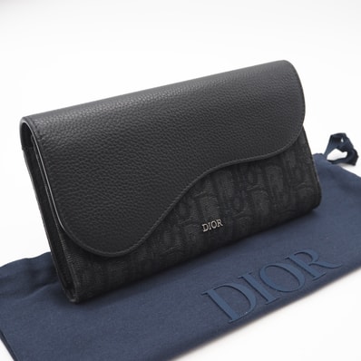 美品 Dior ディオール ディオール オブリーク ジャカード グレインドカーフスキン Saddle ロングウォレット 2ADBC321YKS 長財布 ブラック グレー レザー キャンバス メンズ