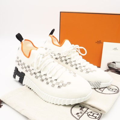 極美品 HERMES エルメス ファブリック フレックス スニーカー 7 24 H222161Z-90 スニーカー ホワイト グレー ブラック ファブリック レディース